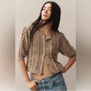 Maeve Ruffled Embellished Short Sleeve Cardigan Sweater Sparkle Anthropologie XL